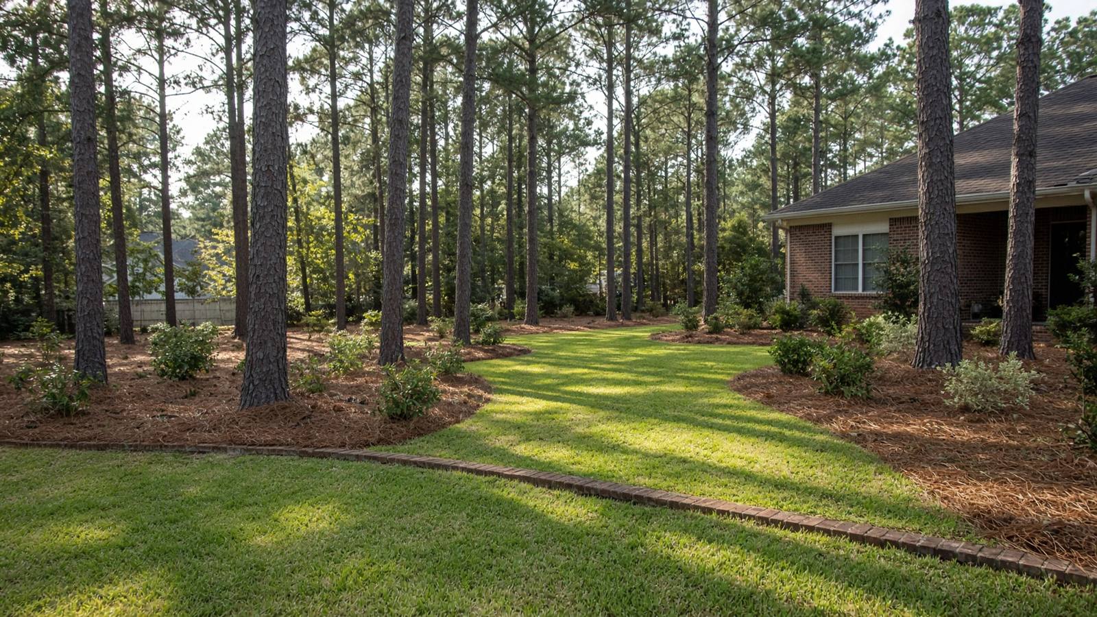 Evans, Georgia front yard with mature pines, a sunlit lawn, and a pine straw bed