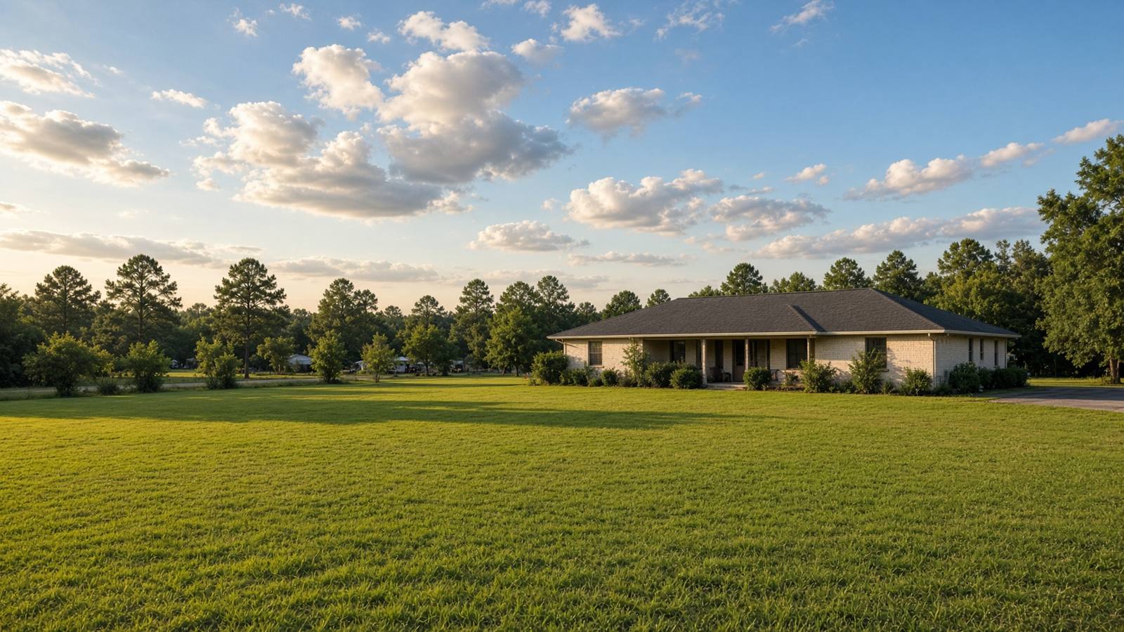 Open sunny lawn and ranch house under a wide sky, the kind of lot common in Harlem, Georgia