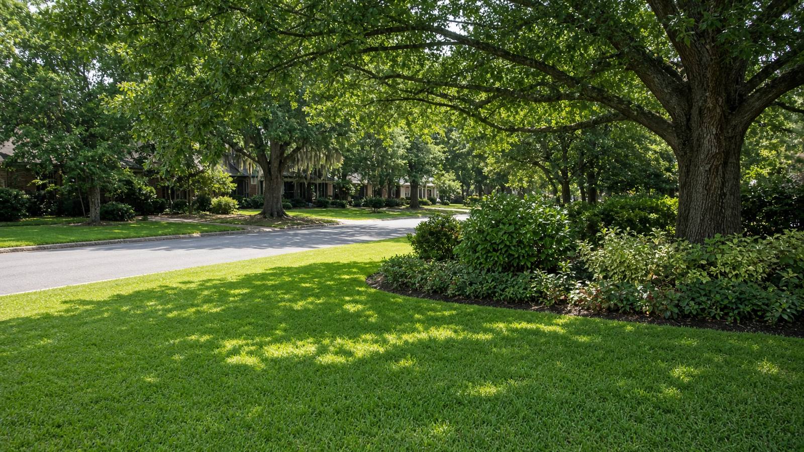 Established Martinez, Georgia yard with shade trees, shrubs, and a mowed lawn