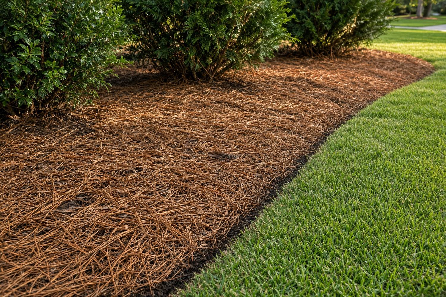 Fresh pine straw tucked along a mowed lawn edge